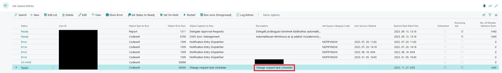 A feladat-várólista tételek listája a change request task scheduler bejegyzéssel.